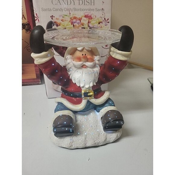 Colorful Christmas Light Sitting Santa Claus Candy Dish with A Glass Tray Tested - Picture 5 of 16